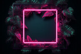 Fototapeta Do przedpokoju - Creative fluorescent color layout made of tropical leaves with neon light vintage frame. Flat lay. Nature concept.