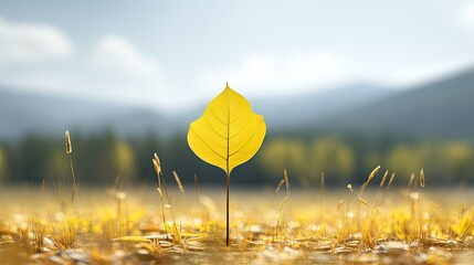 Poster -  a single yellow leaf is in the middle of a field of grass with a mountain range in the back ground.  generative ai