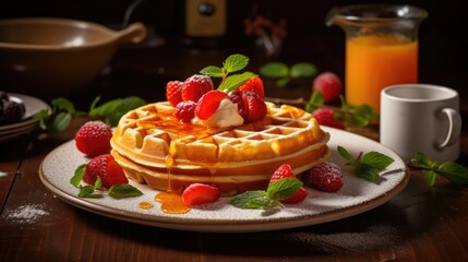 Wall Mural -  a plate topped with waffles covered in syrup and topped with strawberries and raspberries next to a cup of orange juice.  generative ai