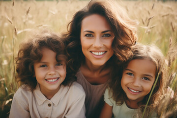 Wall Mural - Happy smiling woman with dark hair with two daughters, field on background