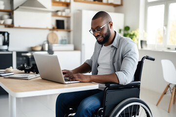 Black man with disability checking his medical documents and filling form on laptop