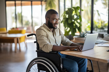 Black man with disability checking his medical documents and filling form on laptop