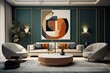 a living room with tan couches, white furniture and large art print, in the style of dark teal and dark amber, circular shapes, conceptual minimalism, classical academic painting, green and beige, lux