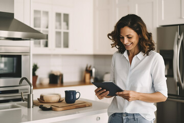 Happy businesswoman discussing financial report over smart phone while standing at kitchen counter