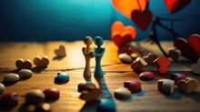 A Couple Of Figurines Standing Next To A Bunch Of Hearts.