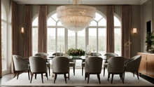 A sophisticated dining room with a glass table, upholstered chairs, and a statement chandelier as the focal point.
