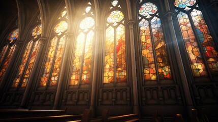 Poster -  a large stained glass window next to a set of pews in front of a wall of stained glass windows.  generative ai