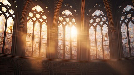 Poster -  the sun shines brightly through the stained glass windows of a gothic - style building in a gothic - style setting.  generative ai