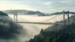 a bridge over a river surrounded by a forest in the middle of a foggy day with a castle on a hill in the background.  generative ai