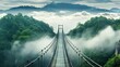  a suspension bridge in the middle of a forest with a mountain in the background and fog rolling in the air.  generative ai