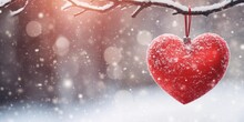 Valentines Day Background,  Red Heart On Tree Branch In Snowing Background, Christmas Decoration Background, Copy Space, Generative Ai