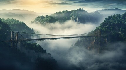Wall Mural -  a suspension bridge in the middle of a foggy valley with a mountain range in the background and trees on the other side of the bridge.  generative ai