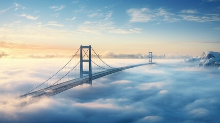 Wall Mural -  a picture of a bridge in the middle of a sea of clouds with a city in the distance in the distance.  generative ai