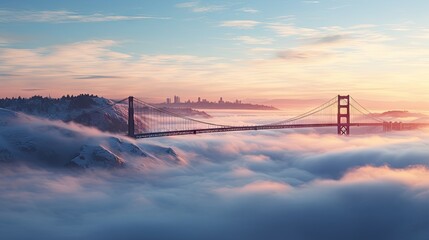 Wall Mural -  a view of the golden gate bridge from above the clouds in san francisco, california, at sunset with the city in the distance.  generative ai
