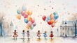 Playful group of children with colorful balloons in front of an old backdrop, watercolors, space for text.