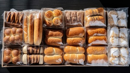 Canvas Print -  a box filled with lots of different types of breads and pastries on top of plastic wrappers on top of a wooden table.  generative ai