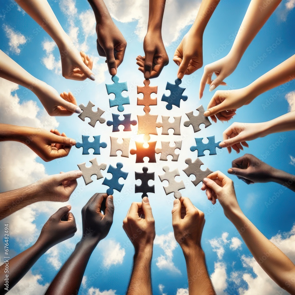 Uplifting Scene Of Multiracial Hands Connecting Puzzle Pieces Against A uplifting-scene-of-multiracial-hands-connecting-puzzle-pieces-against-a
