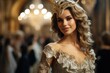Elegant blonde lady with tiara smiles at lavish baroque ball, carnival concept.