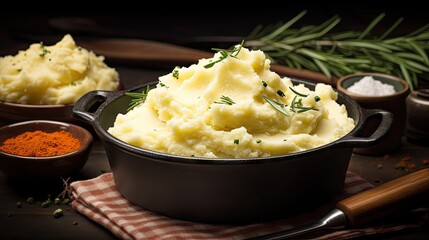 Poster -  a pot filled with mashed potatoes next to a bowl of seasoning and a wooden spoon on a table.  generative ai