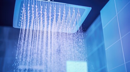 Poster -  a close up of a shower head with water running down it's side and a blue tiled wall behind it.  generative ai