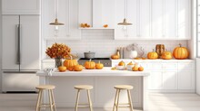  A Kitchen Filled With Lots Of White Counter Top Next To A Counter Top With Lots Of Orange Pumpkins On It.  Generative Ai