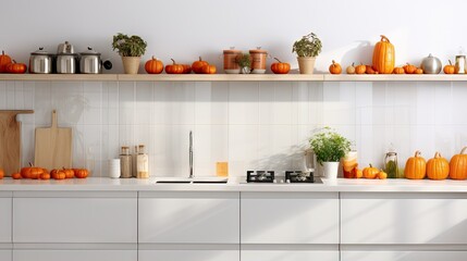 Poster -  a kitchen filled with lots of white counter top next to a shelf filled with pots and pans filled with plants.  generative ai