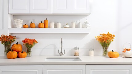 Wall Mural -  a kitchen filled with lots of white counter top next to a sink and a counter top with lots of orange flowers.  generative ai