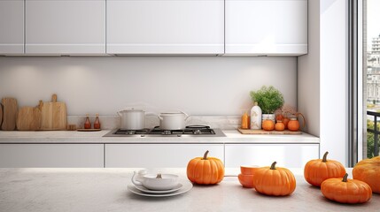 Poster -  a kitchen filled with lots of white counter top next to a stove top oven and a counter top with lots of pumpkins on it.  generative ai