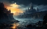 Fototapeta Londyn - fantasy landscape with a gloomy castle