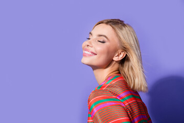 Sticker - Portrait of adorable young woman closed eyes blonde hair girlfriend love herself and no makeup days isolated on violet color background