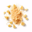 Isolated chunks of parmesan cheese with crumbs viewed from above on a white background.