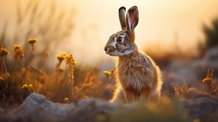 Wall Mural - A rabbit sitting in the grass with a sun setting, AI