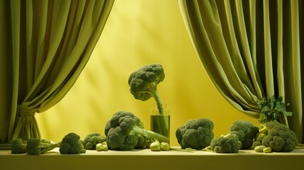 Wall Mural - A green curtain and some broccoli in front of it, AI