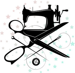 Wall Mural - Retro sewing machine, scissors and needle and thread. Design for cutting and sewing