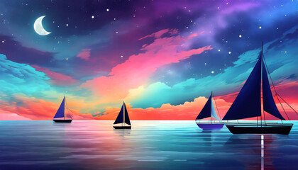 Wall Mural - cosmic gradient ocean with sailboats cloudy atmosphere pc desktop wallpaper background ai generated