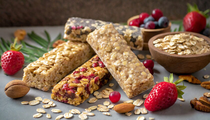 Wall Mural - various granola bars on table background cereal granola bars superfood breakfast bars with oats nuts and berries close up superfood concept