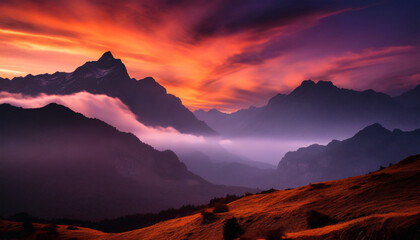 Wall Mural - vibrant dark dramatic landscape with mountains and motion clouds pc desktop wallpaper background ai generated