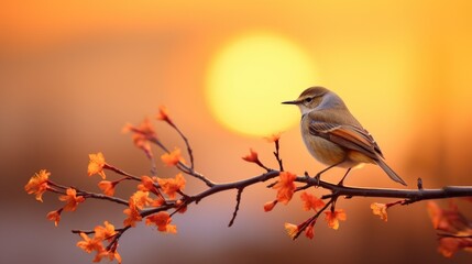 Canvas Print - A bird is perched on a branch with orange flowers, AI