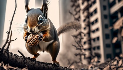 Canvas Print - squirrel with a nut in a deserted city suitable as a background