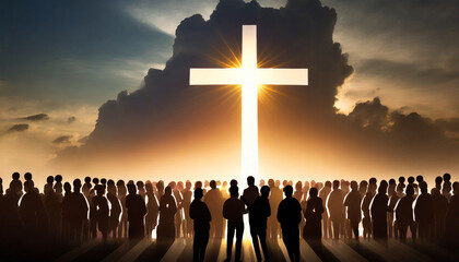 glowing cross crowd of people silhouettes faith hope religion