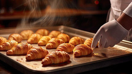 Close Up View Of Baker Preparing Golden Croissants For The Oven. Macro Shot Of  Delicious Croissants Made By The Baker. Generative AI