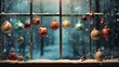 closeup window ornaments hanging snow globe warm scene shackled