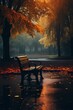 bench middle park leaves ground evening during rain world silence city sitting chair autumn dusk pale yellow sky romantism