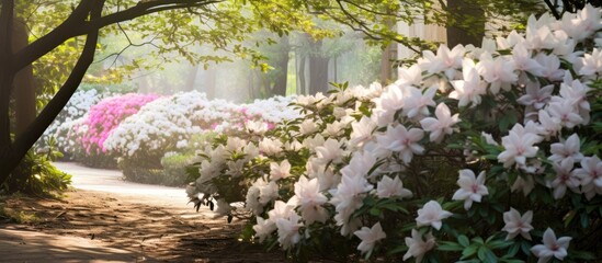 Wall Mural - In the background of a serene garden vibrant spring flowers bloom their petals embracing the warm rays of the sun casting a beautiful light upon the lush green foliage Each leaf dances grace