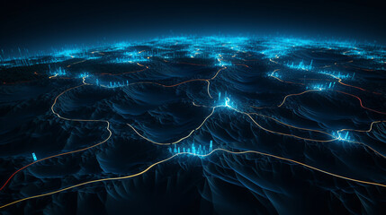 Abstract neon blue web landscape. Shining lines connect cities into net glow, wave and move. 3D rendering. Night islands with connecting wires. Internet optical network of digital and technology.