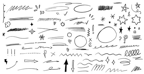 Set of slim grungy doodles for daily planner, hand drawn notebook sheets and arrows. Pencil goodnotes digital stickers, hand drawn textured underlines and strikethrough, scribble emphasis