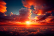 © YuTphotograph - Dramatic red colorful sunset. Flying above the clouds.