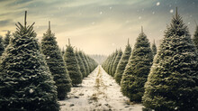 Straight Rows On A Farm With Christmas Trees. Ai Generative