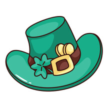 Groovy Lucky Leprechaun Hat Vector Illustration. Cartoon Isolated Retro Funny Sticker Of Green Hat With Shamrock And Gold Coins, Magic Traditional Symbol Of Luck And Charm For St Patricks Day