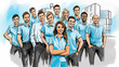 © Marina_Nov - Team of smiling workers of like-minded builders and designers against the background of their project. Modern multi ethnic business team standing and looking at camera. Copy space.